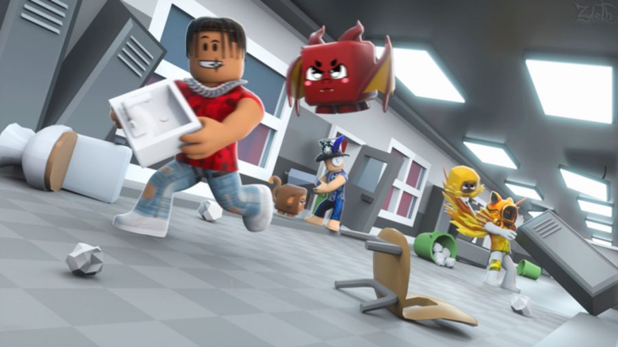 Devious Lick Simulator characters ransacking a school hallway