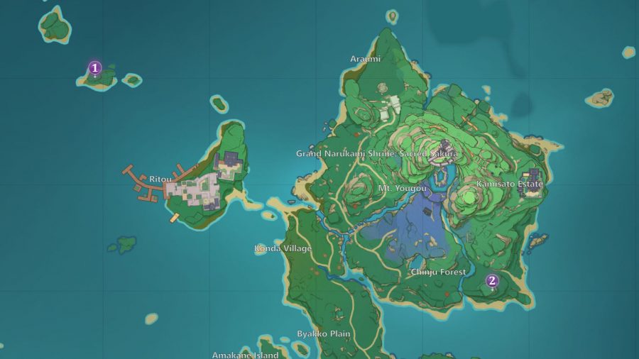 Genshin Impact Narukami Island Shrine of Depths locations marked on a map