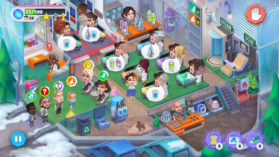 Happy Clinic time management game screenshot, showing a busy clinic