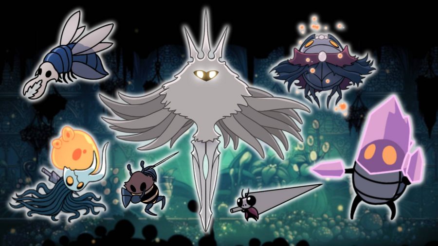 Radiance, Crystal Guardian, Broken Vessel, and more - the Hollow Knight boss, is visible against a mossy green background area from Hollow Knight
