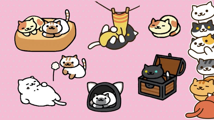 A bunch of Neko Atsume cats chilling on a pink background