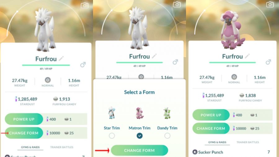 Instructions on how to change Furfrou's form in Pokemon Go
