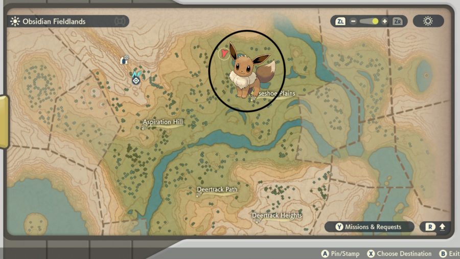 Map detailing how to find Eevee in Pokémon Legends Arceus 