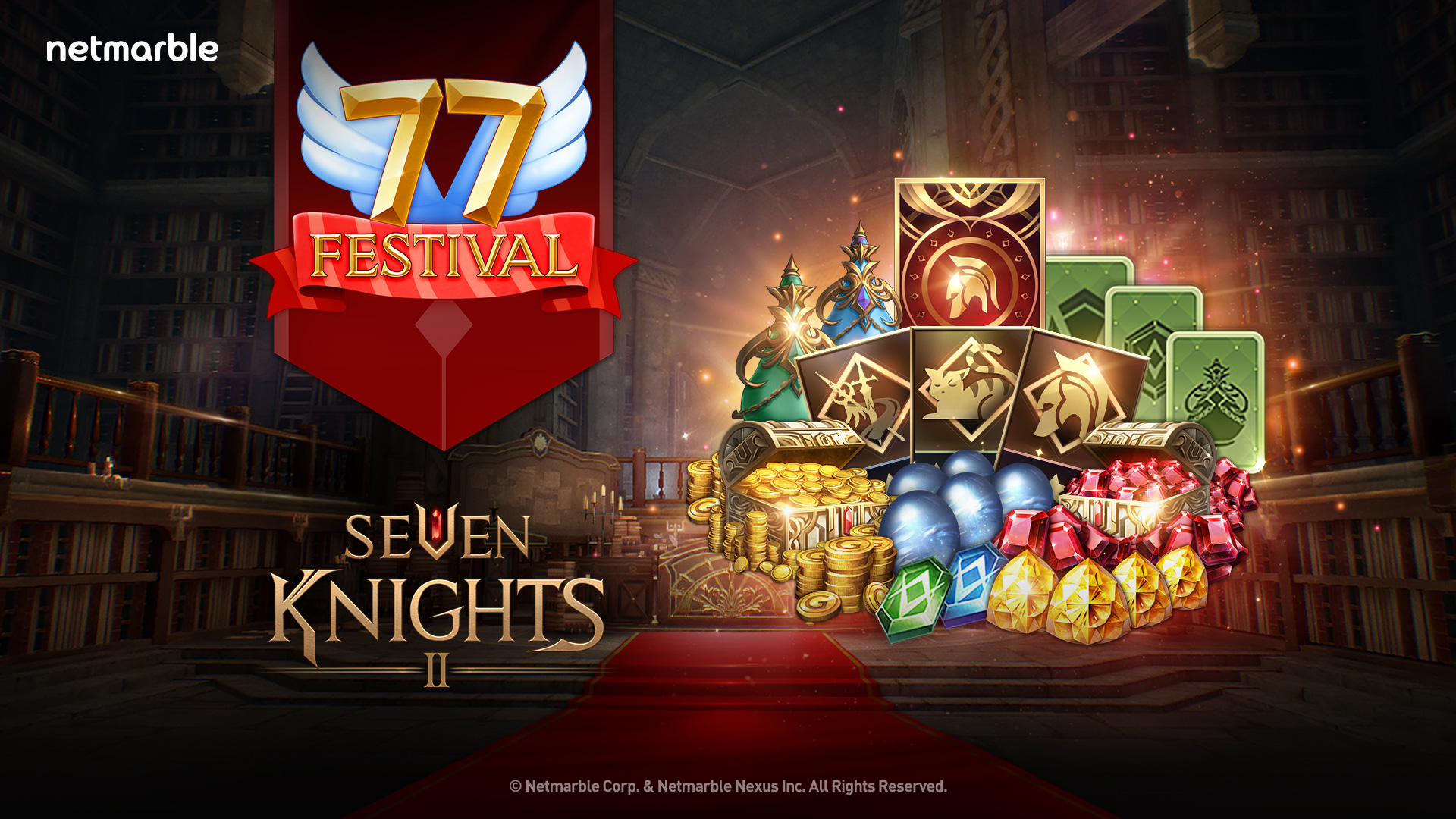 Promotional image showing the various rewards available during the 77 Festival. 