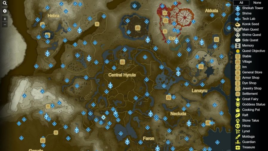 A screenshot of the Zelda Dungeon interactive Zelda BotW map