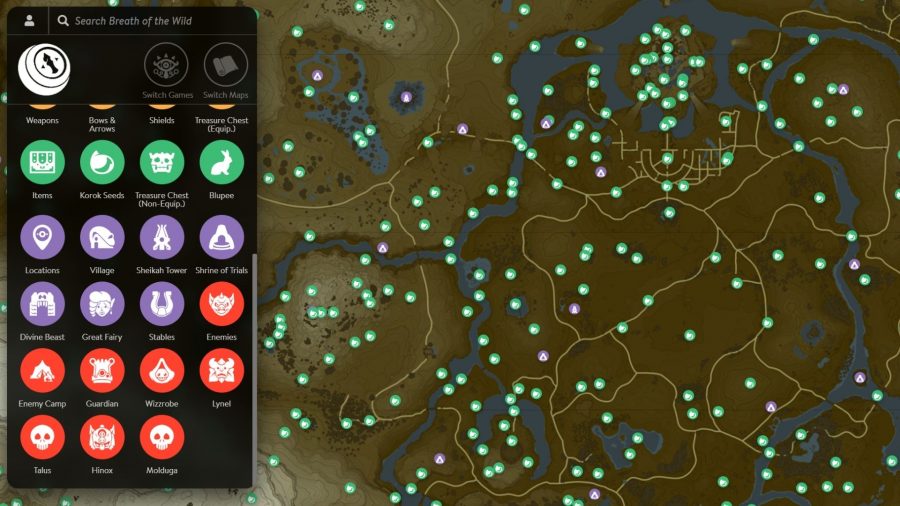 A screenshot of the Zelda Maps interactive Zelda BotW map.