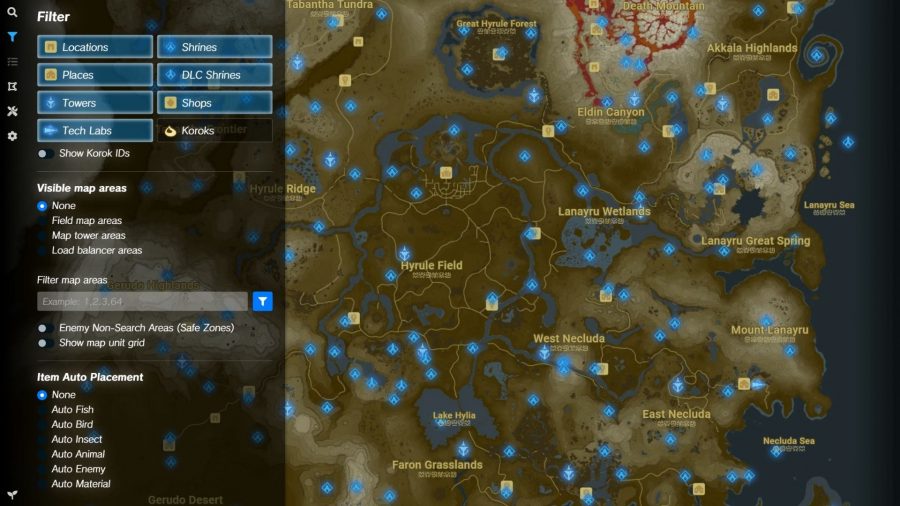 A screenshot of the Zelda Mods interactive Zelda BotW map.