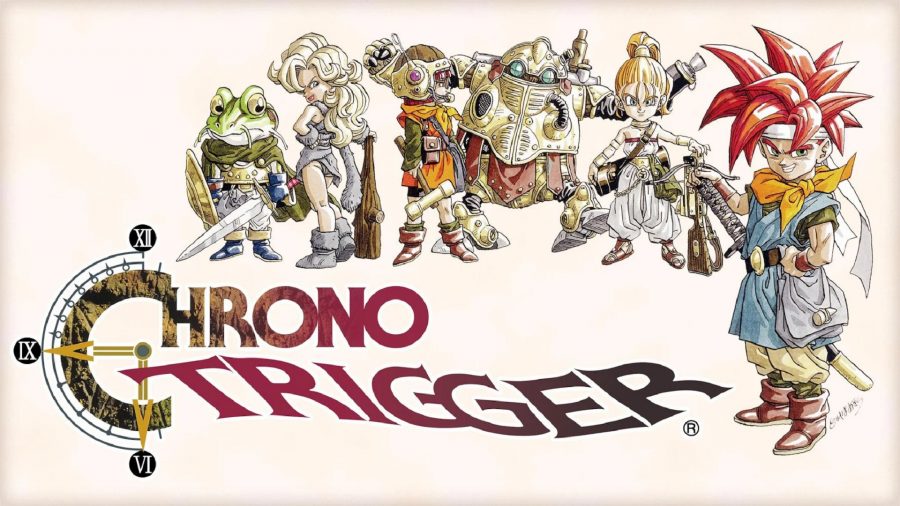 A group of Chrono Trigger characters standing around the game logo