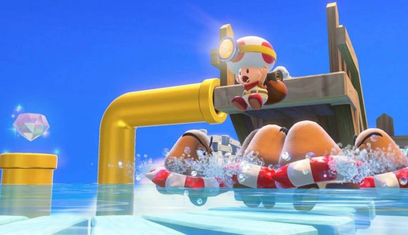 Captain Toad jumps off a ledge, trying to avoid Goombas