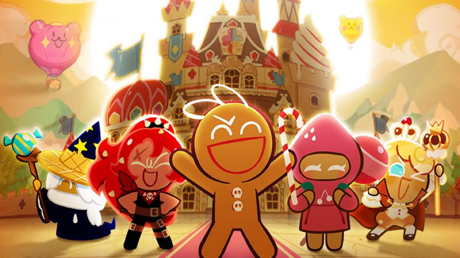 A group of Cookie Run: Kingdom characters jumping in front of a castle