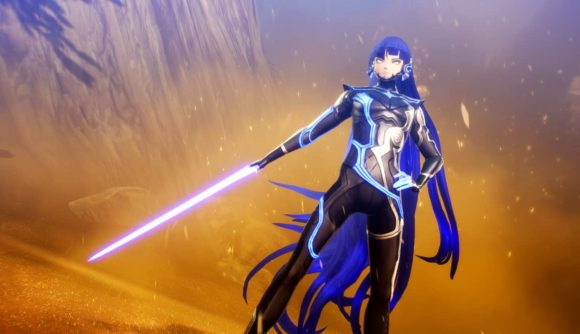 The blue-haired Nahobino stands triumphantly, with a glowing sword made of energy held out in their right hand