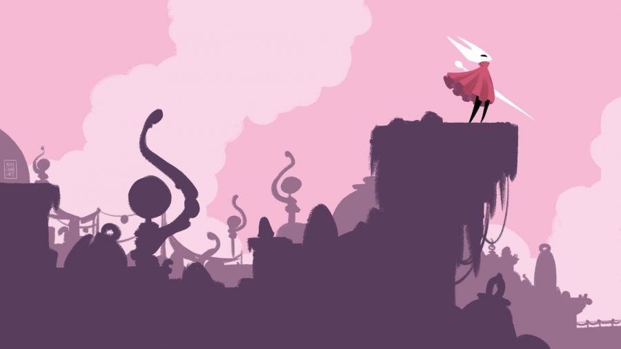 A layered pink background is shwon alongside Hornet from Hollow Knight