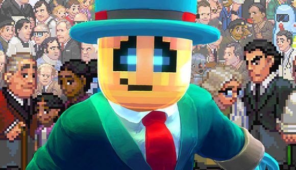 A robot in a bowler hat stares forward, as a group of pixelated characters stand behind them