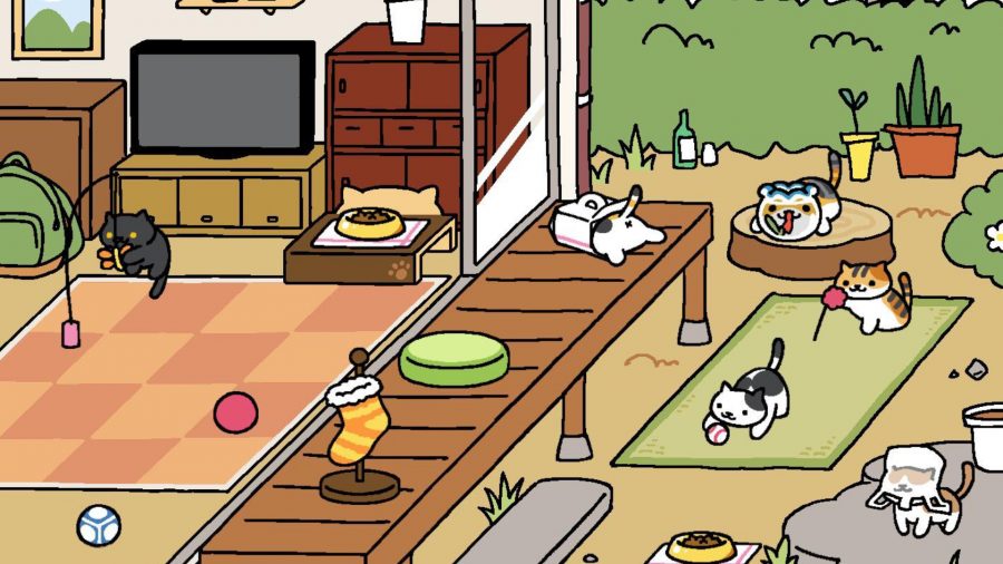 Neko Atsume cats laying in the yard