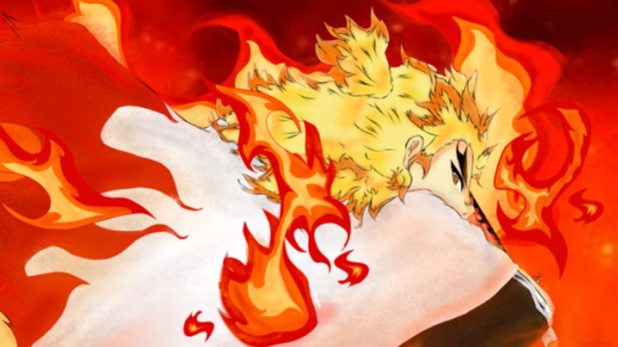 An Onikami avatar on fire