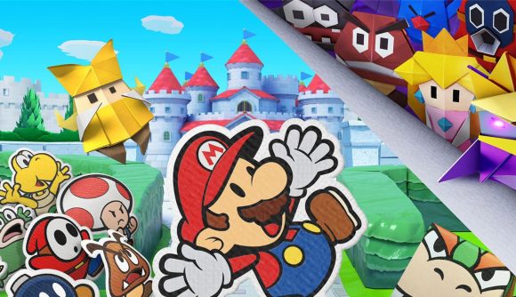 Paper Mario and other citizens of the Mushroom Kingdom face off against the Folded Soldiers. This art comes from the box of Paper Mario: The Origami King.