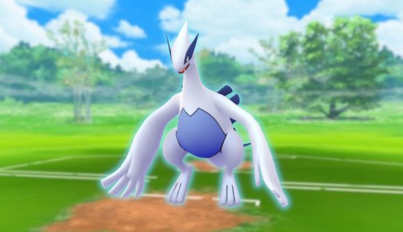 Lugia hovering in a field