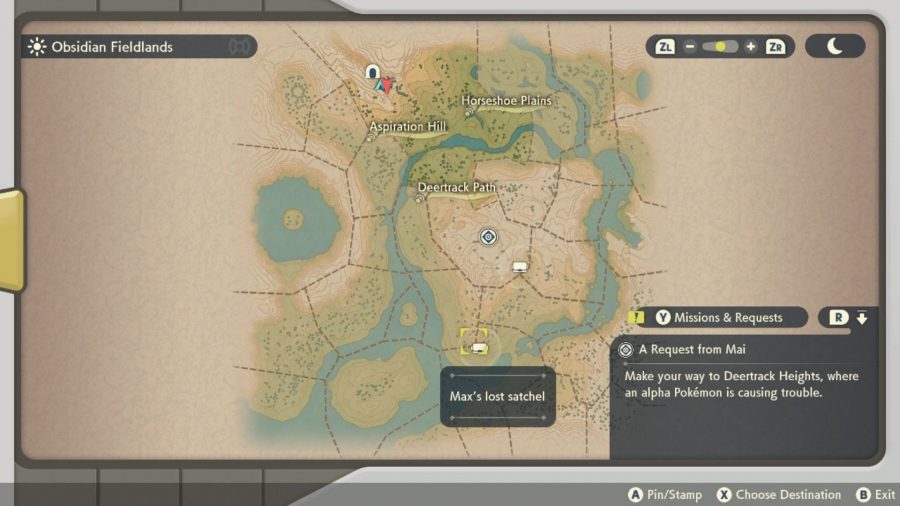 A picture of the Pokemon Legends: Arceus map showing a dropped satchel, which can get the player merit points for collecting.