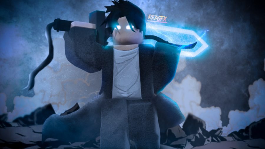 A Solo Blox Leveling character with a glowing sword over his shoulder