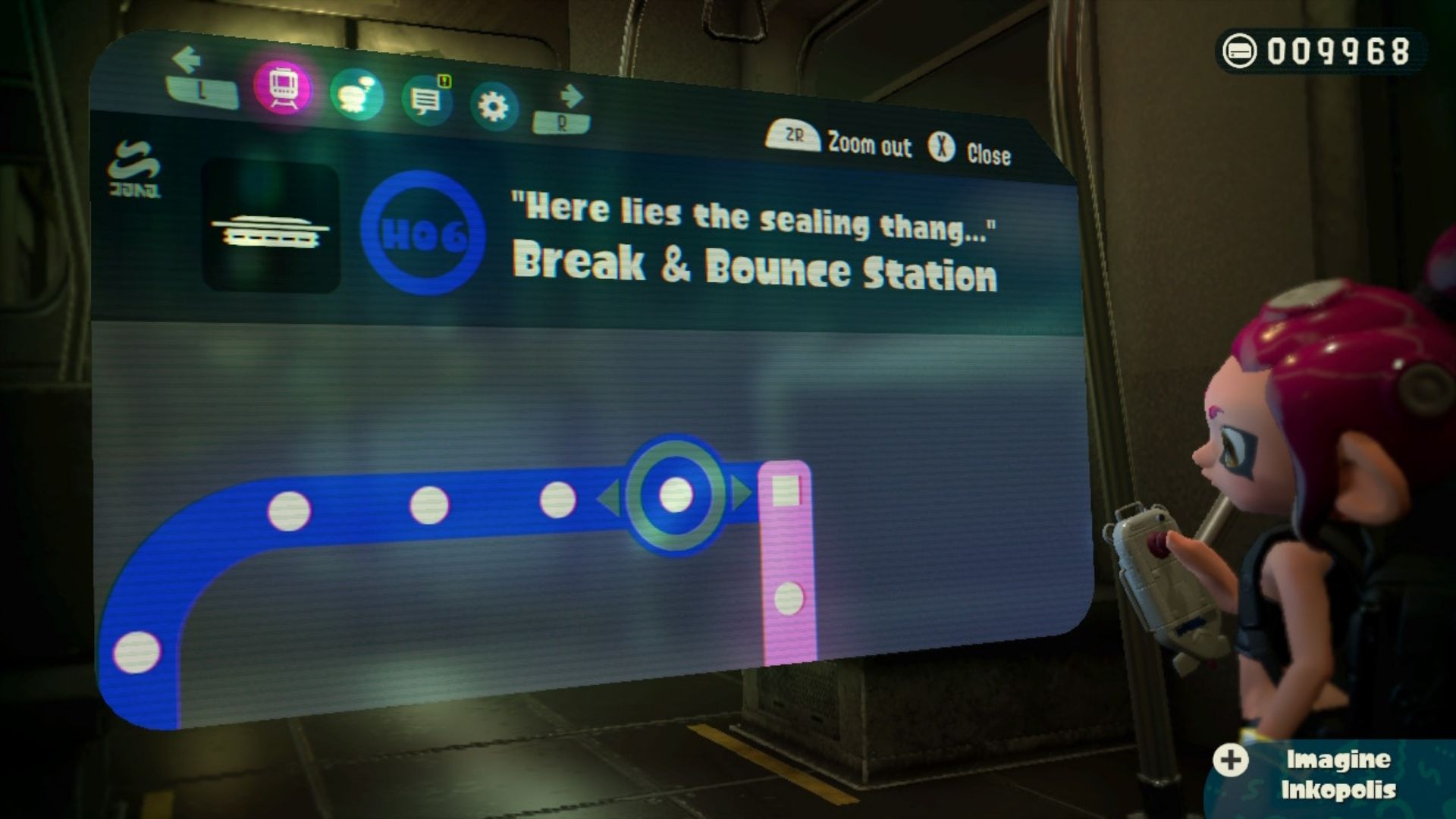 A picture of the Deepsea Metro map in the Splatoon 2 Octo Expansion, showing the Break & Bounce Station