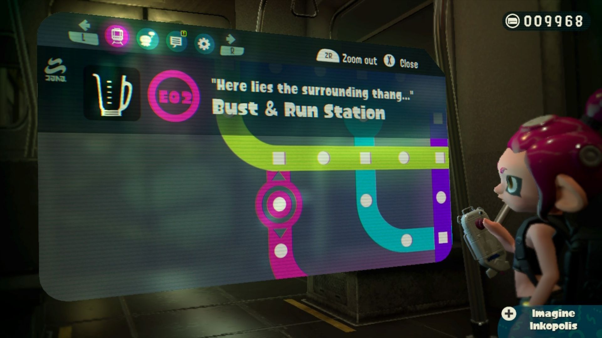 A picture of the Deepsea Metro map in the Splatoon 2 Octo Expansion, showing the Bust & Run Station