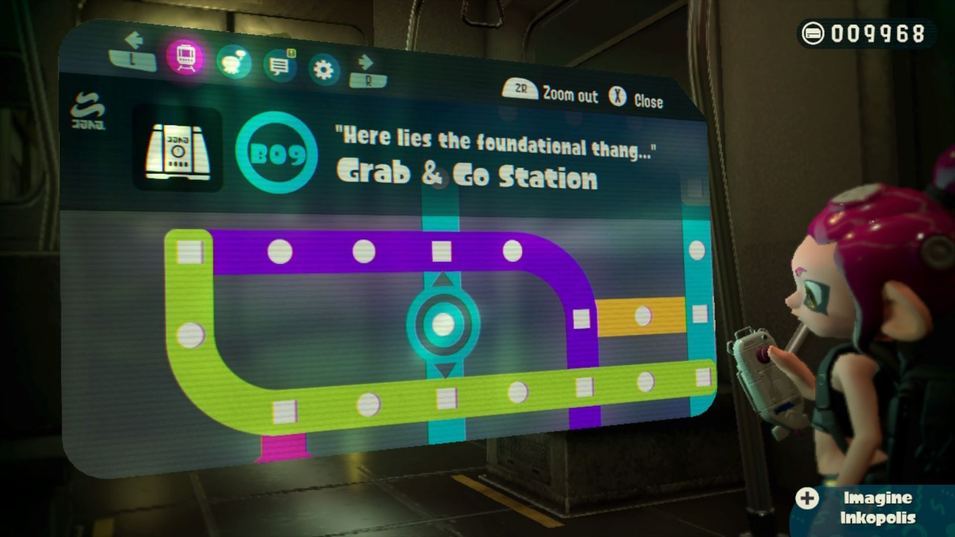 A picture of the Deepsea Metro map in the Splatoon 2 Octo Expansion, showing the Grab & Go Station