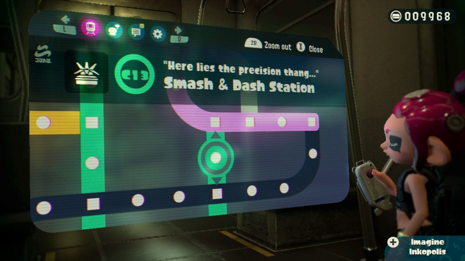 A picture of the Deepsea Metro map in the Splatoon 2 Octo Expansion, showing the Smash & Dash Station
