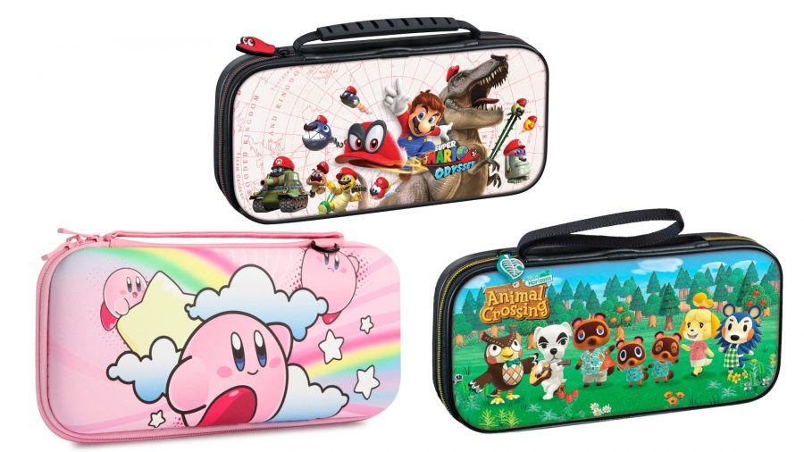 Three Nintendo Swich carry cases, one with a Kirby design, one with a Mario design and one with an Animal Crossing design.