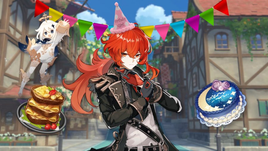Diluc wearing a birthday hat surrounded by party apparel and not looking impressed