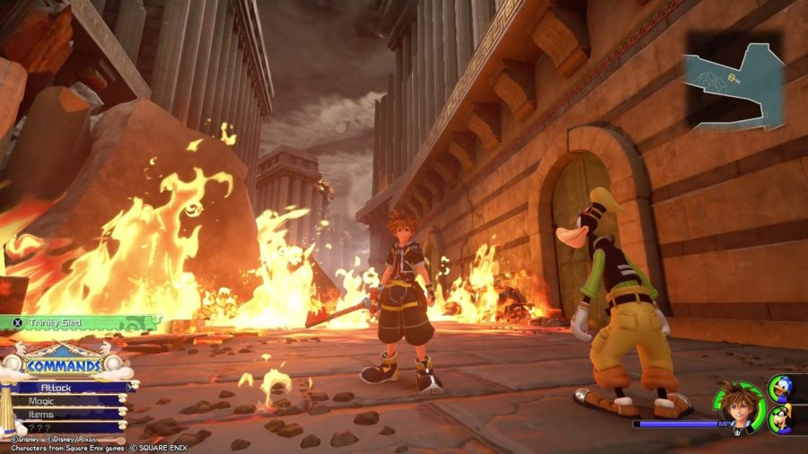 Screenshot of KH3 gameplay showing Sora and Goofy stood by fire in Olympus