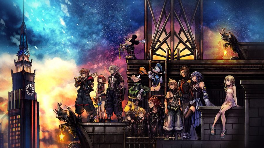 Group of Kingdom Hearts 3 characters on a rooftop