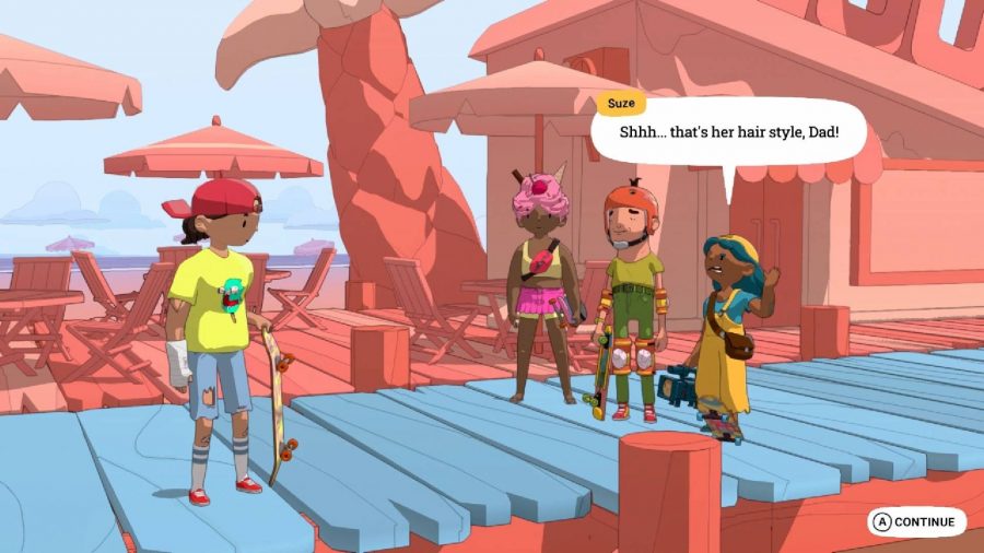 A pastel coloured scene shows the player character talking to other skateboarders