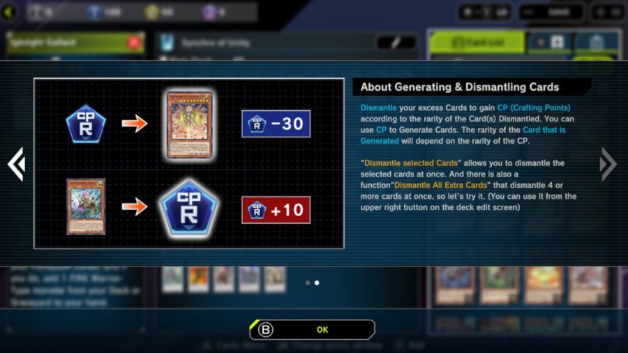 Screenshot from the deck building menu on generating cards