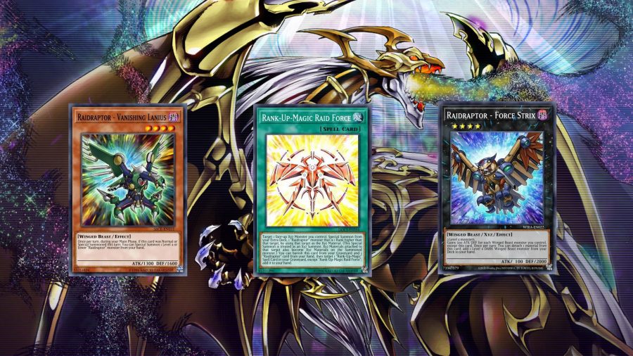 Assorted cards form the Raid Raptor deck in Yu-Gi-Oh! Master Duel