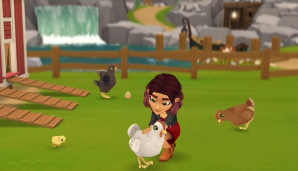 A screenshot of a woman with some chickens from Wylde Flowers, available in the February Apple Arcade update