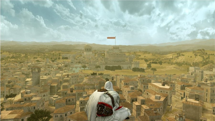 A screenshot from Assassin's Creed: The Ezio Collection on Switch, showing Ezio atop a tall tower, looking over Rome, with numerous ancient buildings in the distance.
