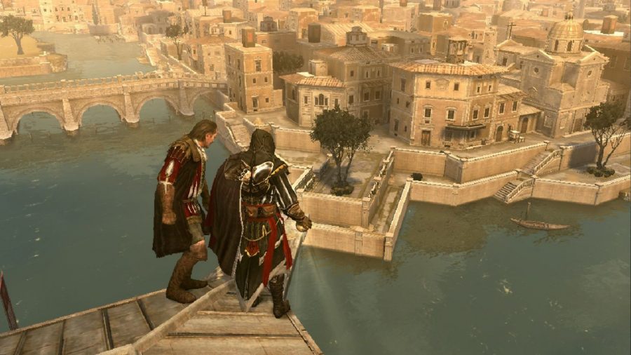 A screenshot from Assassin's Creed: The Ezio Collection on Switch, showing Ezio and Mario stood on a tall tower overlooking a river, as they look down into it ready to jump.