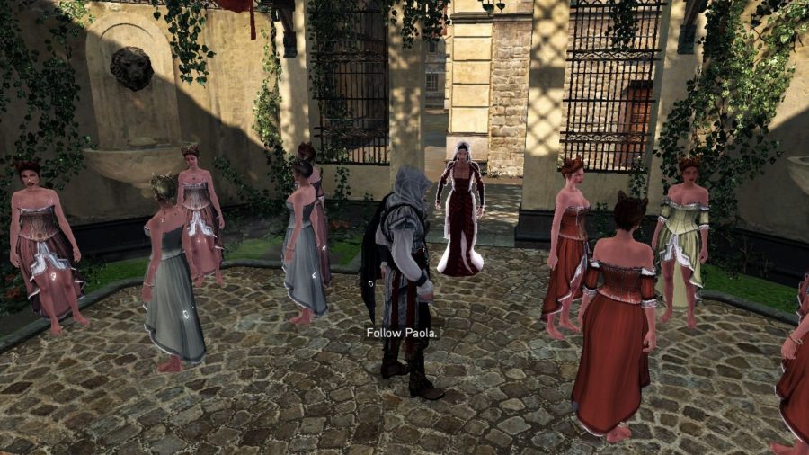 A picture of the courtesans in Assassin's Creed II, standing in circles.