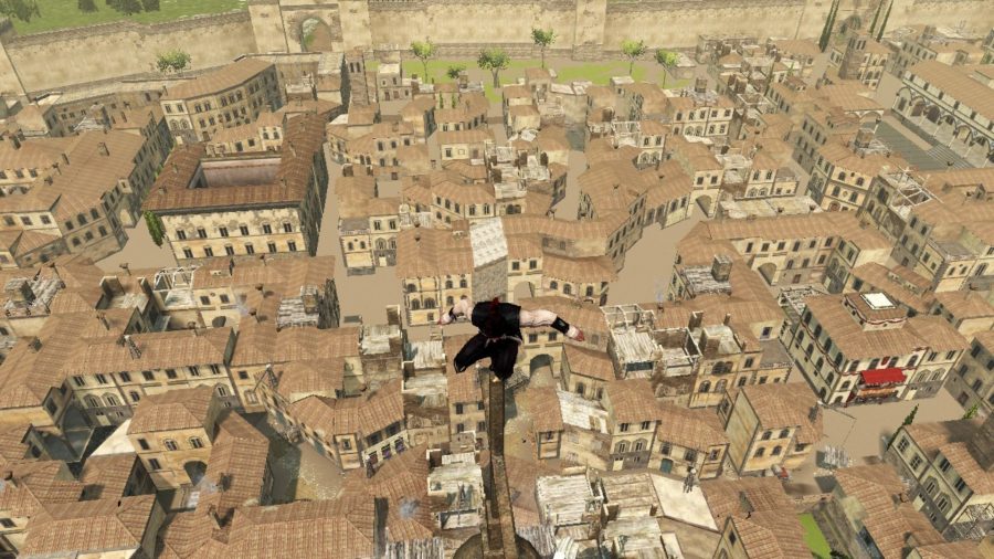Ezio standing on a very tall building surveying the land in Assassin's Creed II