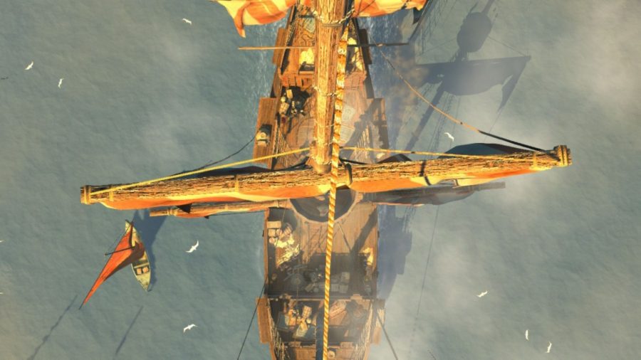 A screenshot from Assassin's Creed: The Ezio Collection on Switch showing a boat, with the camera positioned atop it, like a bird's eye view.