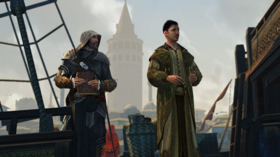 A screenshot from Assassin's Creed: The Ezio Collection on Switch, showing Ezio meeting and talking to a man on a boat, with a tall tower in the distance.