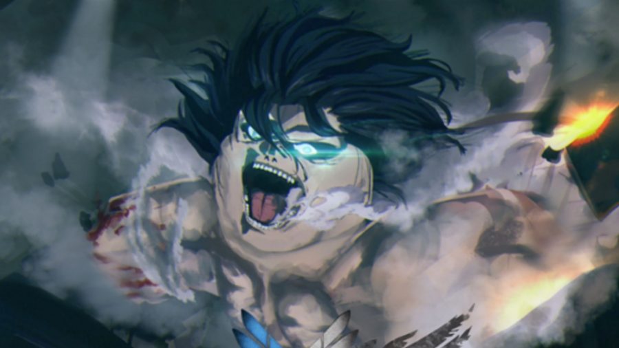 Art from Attack on Titan Evolution showing a character screaming, eyes glowing.