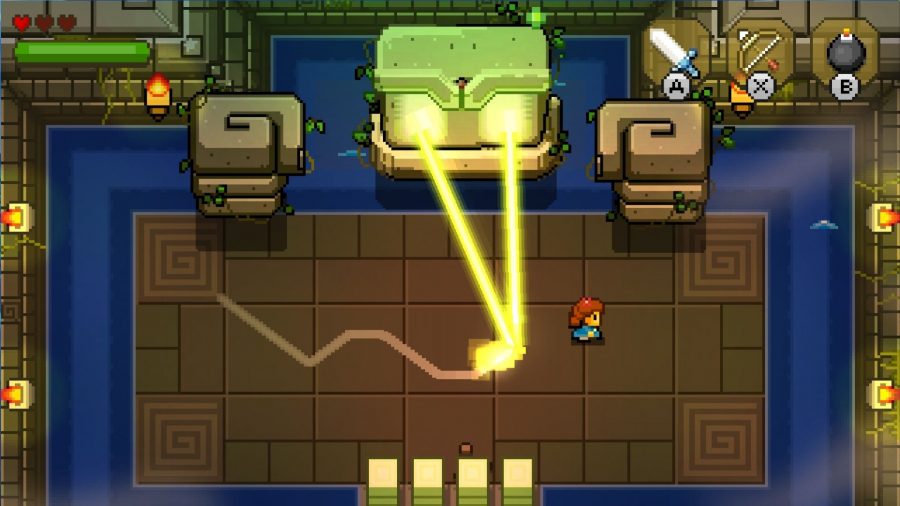 A screenshot from one of the best games like Zelda, Blossom Tales, showing a boss fight against a cube with laser eyes.