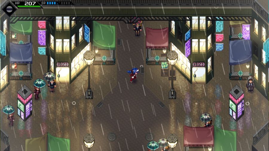 A screenshot from one of the best games like Zelda, Crosscode, showing the protagonist Lea walking through a cyberpunk city in the rain