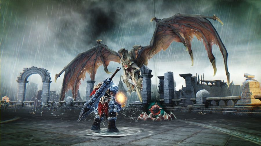 A screenshot from one of the best games like Zelda, Darksiders, showing the protagonist facing off against a dragon in fiery ruins.