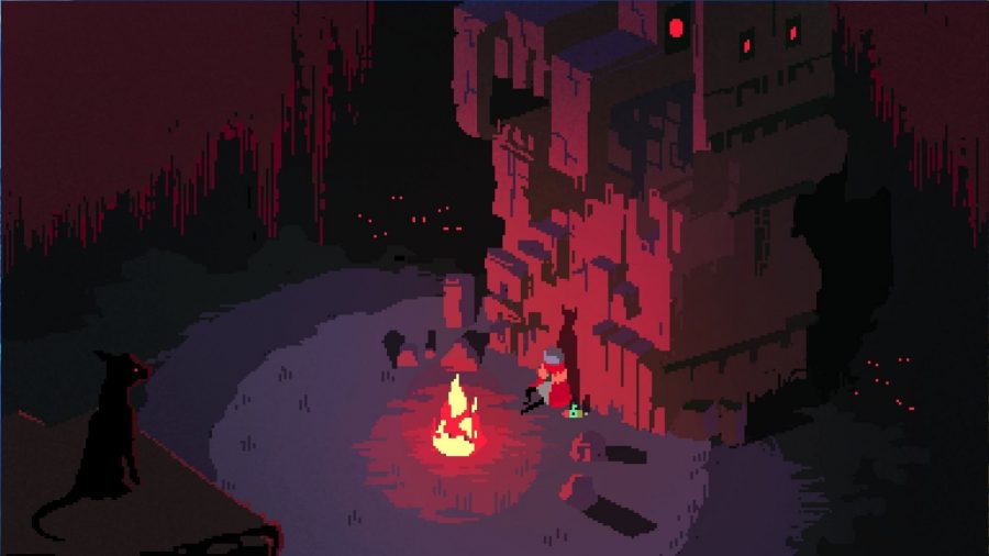 A screenshot from one of the best games like Zelda, Hyper Light Drifter, showing the drifter sitting by a fire at night.