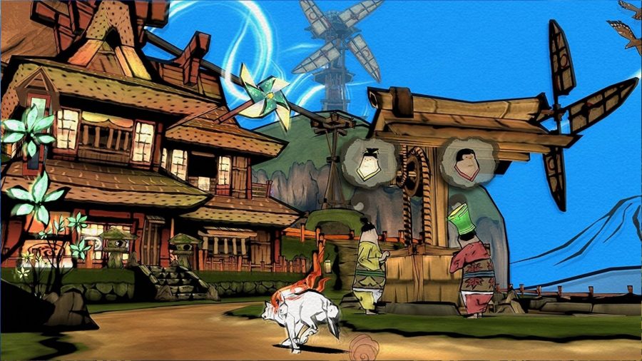 A screenshot from one of the best games like Zelda, Okami, showing the wolf protagonist running through a town