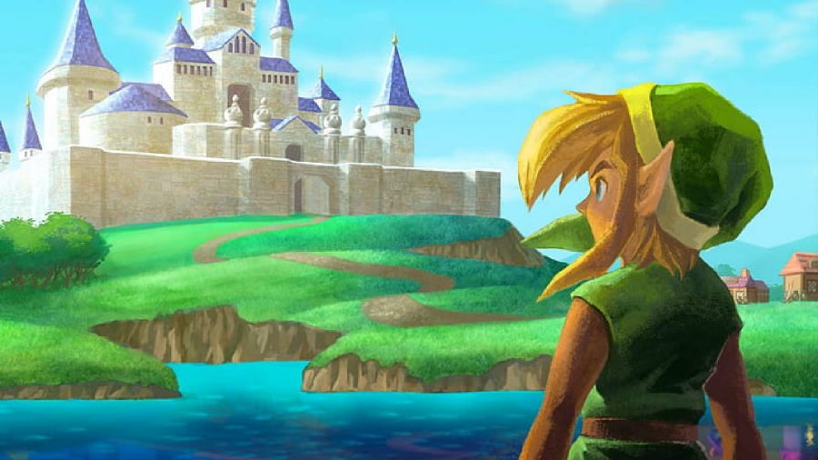 Link looks over a river towards Hyrule Castle