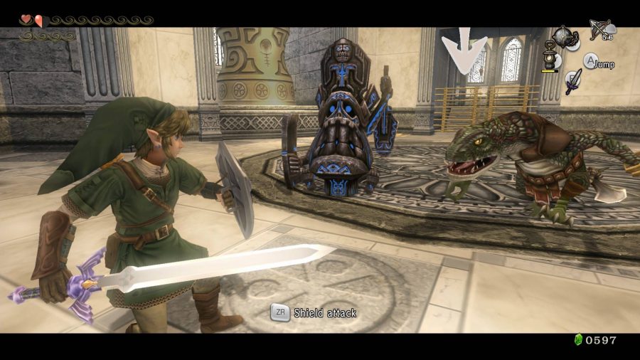 Link draws his sword to battle a Lizalfos