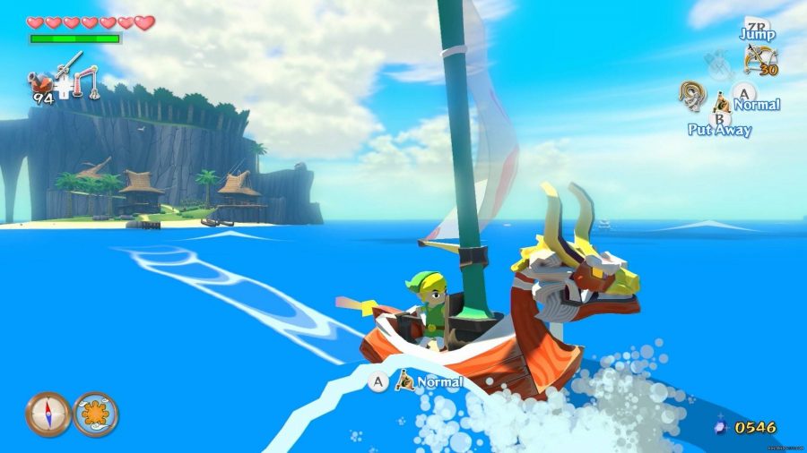 Link rides on a red boat over the open ocean on a sunny day 